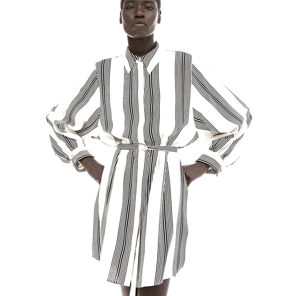 NWOT H&M  Belted Shirt Dress Cream/ Striped Ladies Size M - Picture 1 of 7